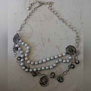 Chic Silver and Pearl Charm Necklace